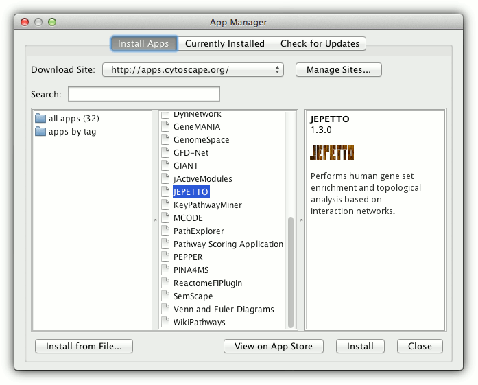 selecting JEPETTO in Cytoscape's Application Manager